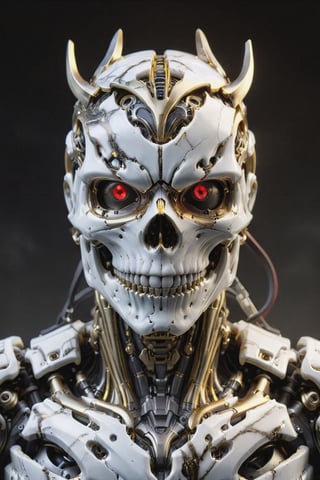 closeup of an ultra detailed marble and gold sculpture of a necromancer mecha (skeleton face, skeleton body), volumetric fog, hyperrealism, stunning, ultra realistic, ultra detailed, cyber background, cinematic lighting, highly detailed, stunning, photography , stunning environment, wide angle ,DonMB4nsh33XL ,GVA suit of armor,masprodeva1, red eyes