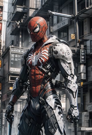 mecha, robot, spiderman, weapon, holding, sword, solo, cobwebs, holding_weapon, mechanical_webs, beam_saber, v-end, holding_sword, dual wielding, science fiction, building_background, skyscraper_background, power_sword, shiny, holding sword, reflection mapping , realistic figure, hyper detailed, cinematic lighting photography, hdr, ray tracing, nvidia rtx, super resolution, unreal 5, subsurface scattering, pbr texturing, post processing, anisotropic filtering, depth of field, maximum clarity and sharpness, hyperrealism, depth of field . ar 51:64 --niji 6 --raw style, spiderman, combat position,spideyadv2