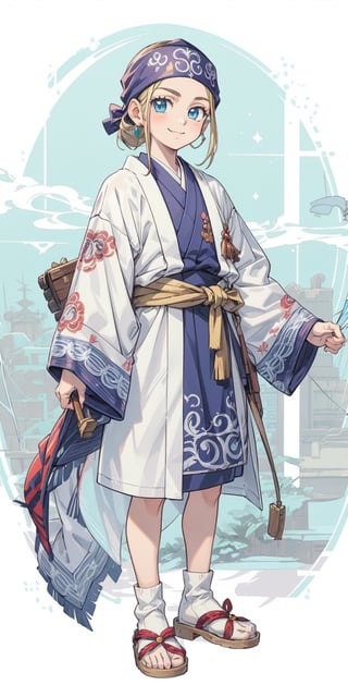 deformed Anime Style,full body,beautiful little girl,12 years old,smile,holding a bow, wearing old traditional Ainu clothingPolish and Japanese half girl, Shabby threadbare worn-out clothes,beautiful crystal blue eyes,Clothing that has deteriorated over time, The outfit consists of a robe-like garment called an 'attush' made from intricately woven fabric, adorned with intricate geometric patterns. She also wears a 'kaparamip' headband with decorative embroidery,The clothing is rich in earthy tones like browns, reds, and greens, reflecting a deep connection to nature,