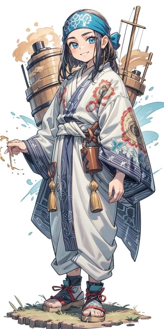 deformed Anime Style,full body,beautiful little girl,12 years old,smile,holding a bow, wearing old traditional Ainu clothingPolish and Japanese half girl, Shabby threadbare worn-out clothes,beautiful crystal blue eyes,Clothing that has deteriorated over time, The outfit consists of a robe-like garment called an 'attush' made from intricately woven fabric, adorned with intricate geometric patterns. She also wears a 'kaparamip' headband with decorative embroidery,The clothing is rich in earthy tones like browns, reds, and greens, reflecting a deep connection to nature,