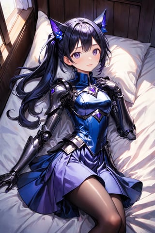 best quality,  masterpiece,  (illustration style:1.1),  (cool beauty1.1),  (1girl:1.0),  (25 years old:1.0),  (small breasts:1.2), 
BREAK 
She lies on her back on the bed in her chic bedroom, sleepily rubbing her eyes. The room is dark, but sunlight shines faintly through the curtains.
BREAK
(beautiful slim face:1.3),  (clear blue small eyes:1.1),   
(cat ears:1.0),
(cybernetic gynoid:1.0), (extremely detailed mech suit:1.1), (gothic cuirass:1.1),
(lavender and violet gorgeous wizard's dress skirt:1.2),
(blue black short ponytail:1.3),
smile, (sleep,closed eyes:1.7)