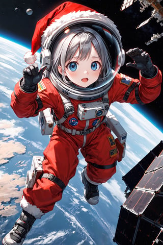 best quality, masterpiece, (delicate manga style:1.1), 
(cool beauty1.1), (one lady:1.0), (25 years old:1.0), (small breasts:1.2),
BREAK 
She is wearing an extra-vehicular activity suit and is spacewalking in Earth's satellite orbit.A black monolith is floating in front of her.She is startled and tries to touch the monolith.
BREAK
(beautiful face:1.0), (clear blue eyes:1.0), 
(silver medium hair:1.0),
(red santa's costume:1.5), (santa's hat:1.5),
(Extravehicular activity suit, space suit helmet:1.5),
monolith
