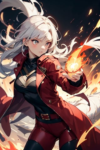 A beautiful girl with a mysterious light that illuminates the darkest night. Wearing a red leather suit and a long red coat, she holds the power of fire and is the strongest magician, accompanied by the strongest dragon.,phRem