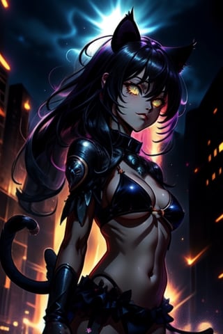 Beautiful catgirl, cat ears, bewitching cat eyes, cat tail. Beautiful　black hair, bikini, wrapped in an aura of light, a born warrior, protected by a guardian beast, fighting evil in the urban darkness.,High detailed 