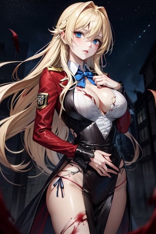 A beautiful vampire, blonde hair reaching down to her waist, skin unhealthily pale, deep blue eyes starry. Her expression is dark and agonized. She is wearing a high school girl's uniform, her clothes are disheveled, torn at the chest after a fight, some of her blood has spilled, and she is fighting zombies.