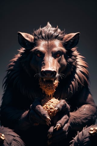 (masterpiece)), (best quality), (((16K, UHD))),
giant monster,(Warthog), (massive physique) covered in coarse, (black fur), spiked and bristling, (crimson eyes) with the ability to see in the dark. Enjoys consuming decaying matter and prefers to dwell in (dim, damp places)