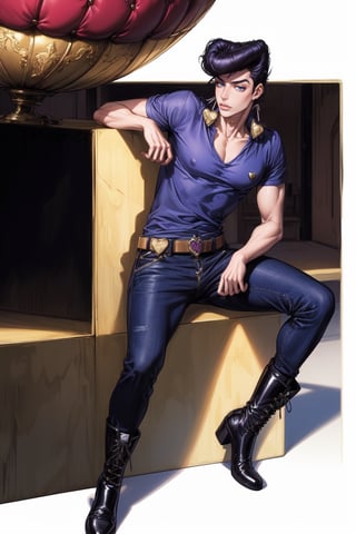 (Masterpiece, high quality, absurd work of art, Best quality, A high resolution, ultra detailed), detailed face, 1 man, Josuke Higashikata, dark hair, Blue eyes, male body, male focus, shirt, trousers, boots, ball, Luxurious hall,1boy