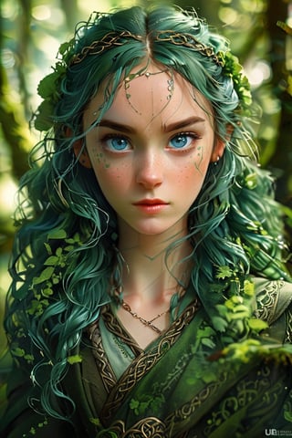 Generate hyper realistic image of a beautiful  celtic girl looking directly at the viewer. green long curly hair ,light blue eyes, Sweet face and gaze, in a green forest background, (intricate details), highly detailed, vibrant, production film, ultra high quality photography style, Extremely Realistic,3D,ink