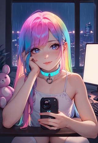 score_9_up, score_8_up, score_7_up, score_6_up, semi realistic, score_9, score_8_up, score_8, sexy 24 year old e-girl, colorful hair, sitting at computer station, gaming station, white thigh high socks, colorful collar, long slender body, long legs, posing for social media, tiktok, cute sexy pose, worried look on face, looking at viewer, pov camera, selfie, close on face, petite body, cute sexy pose, in a in front of a twitch streamer computer set, streamer, food on desk, window with view of night city, raindrops on window, rainy night, volumetric lighting, mood lighting, gaming computer in background, computer station, glowing computer monitor, neon lights, glowly lights, girly decorations on walls, dark cinematography, low lights, soft light, hazy soft light, stuffed animals, video game,tag score