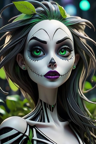 creepy Cyberpunk artwork inspired by Jack Skellington from The Nightmare Before Christmas, set in a futuristic fashion cyberpunk universe. Sexy, Emphasize her seductive allure, beautiful face, perfect eyes, perfect nose shape, perfect lips, perfect hands, vibrant green foliage