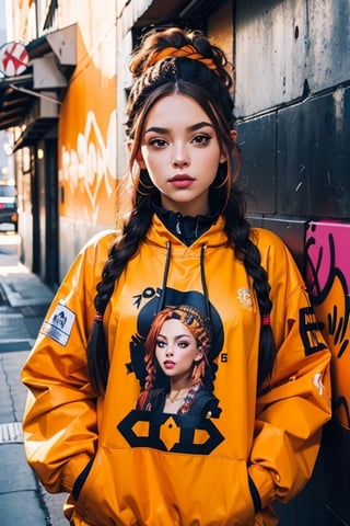 a European girl with orange and black braided hair, dressed in urban graffiti artist's clothes.