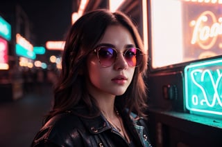 (highres,  realistic:1.2), portrait, beautiful face, gorgeous eyes, full lips, long dark hair, fashionable outfit, confident pose, stylish sunglasses, neon light, atmospheric cinematic background, vibrant colors, soft bokeh, artistic ambiance, subtle lighting, 