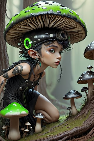 a 1990s elven goth prince wearing mushroom hat, neon green and black mohawk_(hair_style), teased hair, slim face, large eyes, thin lips, beautiful, action shot, covered in neon green and black leaves and mushrooms, highly detailed, psychedelic realism, dark moody colors, fantasy, surreal, octane render,Baby raven,cyborg style,biopunk style,DonShr00mXL ,cyborg,android,biopunk