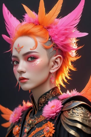 a 1990s elven goth prince with wings, neon orange and neon pink mohawk_(hair_style), teased hair, slim face, large eyes, thin lips, beautiful, action shot, covered in neon orange and neon pink flowers and feathers, highly detailed, psychedelic realism, dark moody colors, fantasy, surreal, octane render