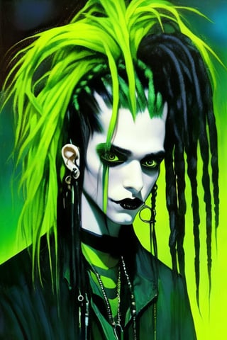 1990s cyber goth male, band on stage, concert,  wearing ear piercings and black lipstick, green and black long pigtails with dreadlocks, wearing goggles on their head, slim face,  large eyes,  thin lips,  beautiful,   psychedelic realism,  dark moody colors,  fantasy,  surreal, insanely detailed, dark vignette,DonMCyb3rN3cr0XL ,HellAI,Monster,ZilleAI,dripping paint,EpicSky,Niji Slime,Edward Gorey Style page