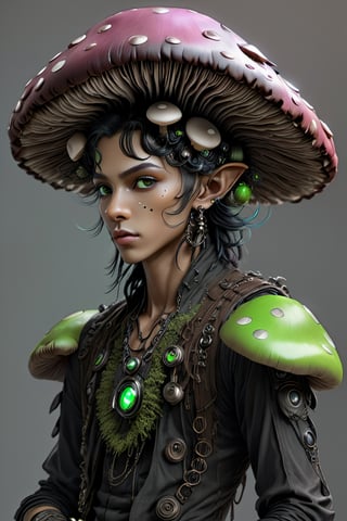 a 1990s elven goth prince wearing mushroom hat, neon green and black mohawk_(hair_style), teased hair, slim face, large eyes, thin lips, beautiful, action shot, covered in neon green and black leaves and mushrooms, highly detailed, psychedelic realism, dark moody colors, fantasy, surreal, octane render,Baby raven,cyborg style,biopunk style,DonShr00mXL ,cyborg,android,biopunk