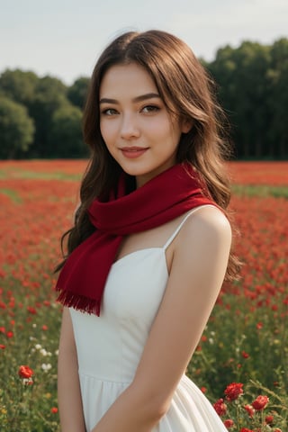 Vista, Panorama, Perspective, Depth of Field, Bust, Upper Body, Cinematic Angle, Masterpiece, Best Quality, Ultra Detailed, CG, 8K Wallpaper, Beautiful Face, Delicate Eyes, A Maiden, Solo, Smile, Silver Hair, Golden Eyes, Fair Skin, Hair Strands, Red Scarf, White Evening Dress, Rose Field, Red Flowers, Roses, Flower Field, Petals, Flying Petals, Smiling