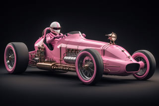A Retro hi-tech Dragster Car inspired by, Steampunk Retro-inspired Super Car, Pink and white, ((Black wheels)), girl racer,  Big Rear tyres, Tyre smoke, 
on the road speeding at night, front side angle view, symmetrical, ,H effect