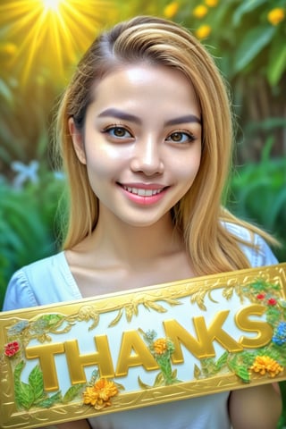 A girl in a garden, smiling, holding a golden board with text "Thanks_3K" text,illustration,ultra-detailed,realistic,vivid colors,hdr,sharp focus,studio lighting,beautiful detailed eyes,beautiful detailed lips,longeyelashes,medium