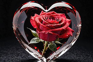 high quality, 8K Ultra HD, red rose  inside a Heart made of crystal, by yukisakura, high detailed,