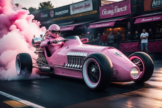 A Retro hi-tech Dragster Cars inspired by, Steampunk Retro-inspired Super Cars, Pink and white, ((Black wheels)), girl racers,  Big Rear tyres, Tyre smoke, 
on the road speeding at night, in motion, Car meet, front side angle view, symmetrical, ,H effect