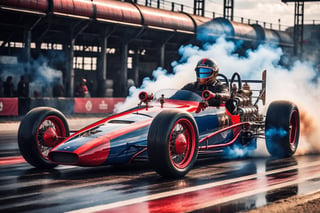 A Retro hi-tech Dragster Car inspired by, Steampunk Retro-inspired Super Car, Red and blue, ((Black wheels)),
on the road on a Dragstrip area background, at Midday time, front side angle view, symmetrical, ,H effect