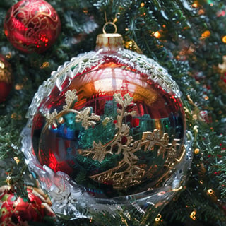 Xmas ice covered ball ornaments with filigree on a christmas style background, intricate golden , elegant, highly detailed, symmetry, clear focus, great composition, cinematic, dramatic ambient light, sharp, fine detail, full color, Red,green, blue  and Gold, inspired, innocent, iconic, warm, vibrant, vivid, beautiful, complex, epic, coherent, creative, extremely inspirational, colorful, incredible