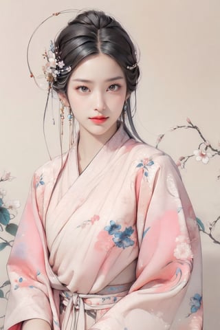 Best picture quality, high resolution, 16k, realistic, sharp focus, extreme picture quality, detailed face + eyes, casual pose, elegant, casual facial expression, realistic image of an elegant lady, no hair accessories, dark eyes , fractal art, bright colors, Korean beauty supermodel, pure black hair mixed with colorful hair tails, wearing Hanfu, wearing sandals, radiant, perfectly customized gorgeous floral embroidery pattern suit, custom design, 1 girl, tense , looking at the audience, ,floral, light smile, print,1girl,gongbiv,CLOUD,perfect,Chromaspots