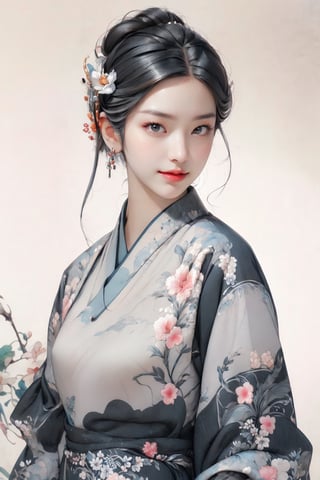 Best picture quality, high resolution, 16k, realistic, sharp focus, extreme picture quality, detailed face + eyes, casual pose, elegant, casual facial expression, realistic image of an elegant lady, no hair accessories, dark eyes , fractal art, bright colors, Korean beauty supermodel, pure black hair mixed with colorful hair tails, wearing Hanfu, wearing sandals, radiant, perfectly customized gorgeous floral embroidery pattern suit, custom design, 1 girl, tense , looking at the audience, ,floral, light smile, print,1girl,gongbiv,CLOUD,perfect,Chromaspots
