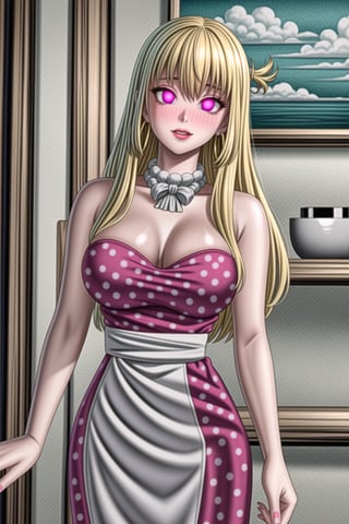 (best quality), (highly detailed), masterpiece, (official art),(ruri,blonde hair, long hair),(Stepford),lips, makeup, lipstick,red lips,smile, (pose),(polka dot:1.4), (polka dot dress:1.4),(pearl necklace:1.2), pearl bracelet, bare shoulders,(red dress:1.2),(aroused), nose blush ,standing, big breasts, (large pearl necklace), (hoop earrings:1.2), (intricately detailed, hyperdetailed), blurry background,depth of field, best quality, masterpiece, intricate details, tonemapping, sharp focus, hyper detailed, trending on Artstation,1 girl, high res,facing viewer, official art,,,<lora:659111690174031528:1.0>