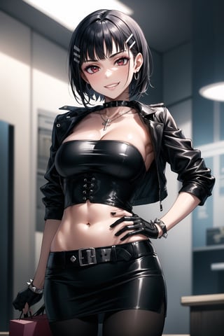 ((best quality)),  ((highly detailed)),  masterpiece,  ((official art)),  detailed face,  beautiful face,  (detailed eyes,  deep eyes),((extended_arm, presenting_gift, shopping_bag, gift_giving, front_view, gesture)),(science fiction, cyberpunk, room, dark background),((smirk, grin, naughty face, seductive smile, smug, arm behind head, hand_on_own_hip, head_tilt)),, ,cowboy shot,(lips), ,kirigaya suguha, blunt bangs, short bangs, black hair:1.3, short hair, hair ornament, hairclip,(red eyes),  cross-laced clothes, (spiked bracelet), necklace, corset, bustier, hoop earring, curvaceous, voluptuous body, navel, (makeup:1.3) (lips:1.3), (latex), (black top), (black tube top:1.2), gloves, fingerless gloves, jacket, skirt, black choker, black leather jacket, (dark jacket), belt, pencil skirt, pantyhose, open jacket, miniskirt, (black skirt), black gloves, black legwear, black choker, medium breast, conspicuous elegance, snobby, upper class elitist, possesses an arroaant charm. her Dresence commands attention and enw, (intricately detailed, hyperdetailed), blurry background, depth of field, best quality, masterpiece, intricate details, tonemapping, sharp focus, hyper detailed, trending on Artstation, 1 girl, solo, high res, official art,kirigaya suguha