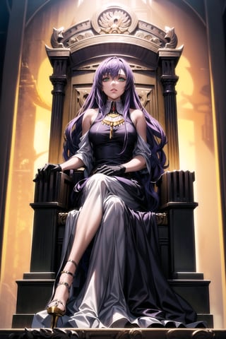 (best quality), (highly detailed), masterpiece, (official art), (sasha, purple hair, long hair, green eyes), black dress, lips, gloves, sitting, full body, female focus ,chair, formal, elegent Dress, glowing eyes, female guards standing on both sides of throne, long curly hair , throne, ,