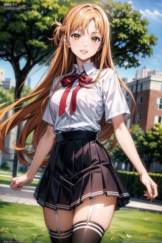 (best quality), (highly detailed), masterpiece, (official art), , aaasuna ,brown eyes, long hair, (orange hair), floating hairm smile, (lips),  school uniform, zettai ryouiki, neck ribbon, pleated black skirt,  medium breast,  standing, , (park), (tree), standing (intricately detailed,  hyperdetailed),  blurry background, depth of field,  best quality,  masterpiece,  intricate details,  tonemapping,  sharp focus, hyper detailed, trending on Artstation,1 girl, solo,high res,official art,