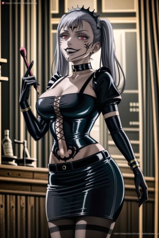 ((best quality)),  ((highly detailed)),  masterpiece, (Black lips:1.4),  ((official art)),  detailed face,  beautiful face, narrow_waist:1.3, dominatrix:1.3,puffy_short_sleeves, (sukunatattoo:1.3, maid:1.4) , (intricate black dress:1.4),top tube,  navel, midriff, (pubic tattoo:1.3), (detailed eyes,  deep eyes),(science fiction, cyberpunk:1.3, street, shopping, dark background),((smirk, grin, naughty face, seductive smile, smug)) ,,(lips), ((noelle_silva, silver hair,twintails, bangs, earrings, jewelry)) ,(red eyes:1.3),  cross-laced clothes:1.3, (spiked bracelet), corset:1.4, hoop earring, curvaceous, voluptuous body, (makeup) (lips:1.3), (latex),  (black tube top:1.2), gloves, elbow gloves, skirt, black choker, belt, pencil skirt, pantyhose, miniskirt, (black skirt), black gloves, black legwear, black choker ,large breasts, (intricately detailed, hyperdetailed), blurry background, depth of field, best quality, masterpiece, intricate details, tonemapping, sharp focus, hyper detailed, trending on Artstation, 1 girl, solo, high res, official art,RockOfSuccubus,,StandingAtAttention,,<lora:659111690174031528:1.0>