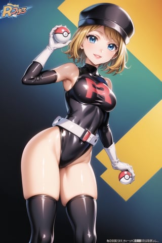 ((best quality)),  ((highly detailed)),  masterpiece,  ((official art)),  ((serena)), 1girl, solo, orange hair, blue eyes, blonde hair, short hair, bangs, poke ball, poke ball (basic), holding poke ball, black headwear, cabbie hat, hat, posing, lips, ( evil smile), ,Grunt Team Rocket, dress, black dress, (leotard:1.3), (latex), long sleeves, gloves, elbow gloves, belt, grey belt, thighhighs, 1girl,simple background,smile,(sea background), posing,