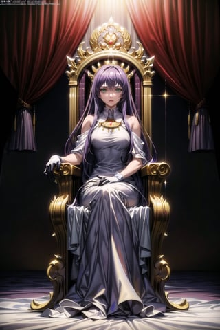 (best quality), (highly detailed), masterpiece, (official art), (sasha, purple hair, long hair, green eyes), black dress, lips, gloves, sitting, full body, female focus ,chair, formal, elegent Dress, glowing eyes, female guards standing on both sides of throne, long curly hair , throne, ,