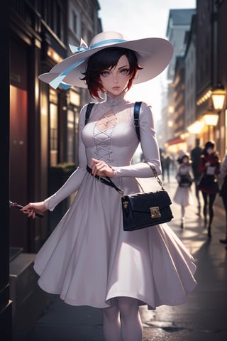 (best quality), (highly detailed), masterpiece, (official art), ,(ruby rose:1.2), ((lbob cut)), lips, lips, (( hat,sun hat, (white dress),  blue ribbon, bag, belt, white dress, ribbon, handbag, long sleeves, standing, white legwear, holding,  holding bag, long skirt, v arms)), looking at viewer, city, night, sky,  (intricately detailed, hyperdetailed), blurry background,depth of field, best quality, masterpiece, intricate details, tonemapping, sharp focus, hyper detailed, trending on Artstation,1 girl, high res, official art,StandingAtAttention,bestiality,Weiss_RWBY