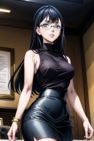 ((best quality)),  ((highly detailed)),  masterpiece,  ((official art)), (lolopechka, black hair, bangs, long hair, glasses),lips, sleeveless, bare shoulders, figure, turtleneck, ((black shirt)), black pencil skirt,(office), lady office, print skirt, floral print, high-waist skirt, shirt_tucked_in, building, bracelet, parted lips,  indoors, intricately detailed, hyperdetailed, blurry background, depth of field, best quality, masterpiece, intricate details, tonemapping, sharp focus, hyper detailed, trending on Artstation, 1 girl, high res, official art,RockOfSuccubus