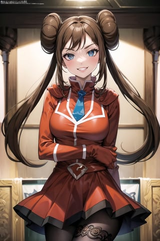 (best quality), (highly detailed), masterpiece, (official art), rosa, long hair, hair bun, twintails, double bun, large breasts, very long hair, (team flare:1.2), gloves,juliet_sleeves, long_sleeves , pleated skirt, thighhighs, thigh boots, dress, belt, red dress, pantyhose, (lips), grin, smirk, (seductive pose), cowboy shot, looking at viewer, indoors, blurry background,depth of field, best quality, masterpiece, intricate details, tonemapping, sharp focus, hyper detailed, trending on Artstation,