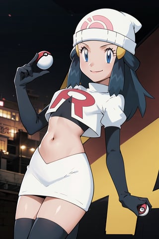 (best quality), (highly detailed), masterpiece, (official art),  dawn \(pokemon\), beanie, long hair, blue hair, blue eyes,poke ball, poke ball (basic), holding poke ball, posing, lips,( evil smile), Team Rocket, cropped jacket, white jacket, crop top, jacket, gloves, black gloves, elbow gloves, navel, midriff, white skirt, miniskirt, skirt, thighhighs,, looking at viewer, china, asiática, city, night, sky, (intricately detailed, hyperdetailed), blurry background,depth of field, best quality, masterpiece, intricate details, tonemapping, sharp focus, hyper detailed, trending on Artstation,1 girl, high res, official art,1girl,dawn (pokemon)
