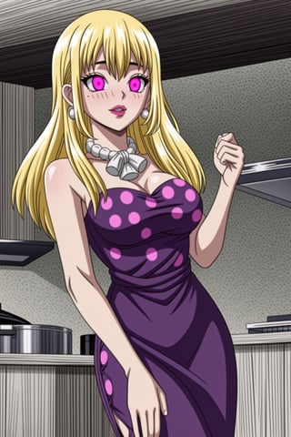 (best quality), (highly detailed), masterpiece, (official art),(ruri,blonde hair, long hair),(Stepford),lips, makeup, lipstick,red lips,smile, (pose),(polka dot:1.4), (polka dot dress:1.4),(pearl necklace:1.2), pearl bracelet, bare shoulders,(red dress:1.2),(aroused), nose blush ,standing, big breasts, (large pearl necklace), (hoop earrings:1.2), (intricately detailed, hyperdetailed), blurry background,depth of field, best quality, masterpiece, intricate details, tonemapping, sharp focus, hyper detailed, trending on Artstation,1 girl, high res,facing viewer, official art,,,boichi anime style,<lora:659111690174031528:1.0>