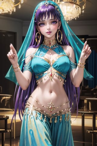 ((best quality)),  ((highly detailed)),  masterpiece,1girl, 1girl, ex, expressionless,  lips, makeup ,red lips, (dance pose:1.3), belly dance, belly dance clothes, provocative look, provocative smile, naughty, nightclub scene, neon lights, belly dance,(aroused), blush ,standing, ((makeup)), (earrings:1.2), blush,, looking at viewer, standing, slave, ballroom slave  market,(dutch angle), Saori, long hair, purple hair, (purple eyes),wearing belly dance dress,face_veil,jyojifuku, ((empty eyes))