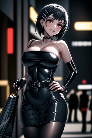 ((best quality)),  ((highly detailed)),  masterpiece,  ((official art)),  detailed face,  beautiful face, narrow_waist:1.3 , (intricate Black dress:1.4),(detailed eyes,  deep eyes),((extended_arm, presenting_gift, shopping_bag, gift_giving, front_view, gesture)),(science fiction, cyberpunk:1.2, street, shopping, dark background),((smirk, grin, naughty face, seductive smile, smug, arm behind head, hand_on_own_hip, head_tilt)),, ,cowboy shot,(lips), ,kirigaya suguha, blunt bangs, short bangs, black hair:1.3, short hair, hair ornament, hairclip,(red eyes),  cross-laced clothes, (spiked bracelet), corset:1.2, hoop earring, curvaceous, voluptuous body, (makeup:1.3) (lips:1.3), (latex),  (black tube top:1.2), gloves, fingerless gloves, skirt, black choker, belt, pencil skirt, pantyhose, miniskirt, (black skirt), black gloves, black legwear, black choker, medium breast,large breasts, conspicuous elegance, snobby, upper class elitist, possesses an arroaant charm. her Dresence commands attention and enw, (intricately detailed, hyperdetailed), blurry background, depth of field, best quality, masterpiece, intricate details, tonemapping, sharp focus, hyper detailed, trending on Artstation, 1 girl, solo, high res, official art,<lora:659111690174031528:1.0>