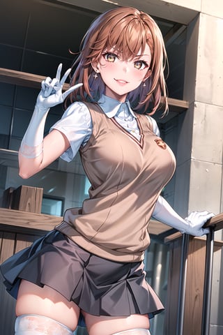 ((best quality)),  ((highly detailed)),  masterpiece,1girl, ((closed_mouth, sparkling_eyes, smug, shaded_face,evil smile)),(large breasts), tokiwadai school uniform, sweater vest, short sleeves, (](white gloves, elbow gloves)), pleated skirt, white thighhighs ,1girl, lips:1.3, red lips, makeup:1.3, ((gyaru)) ,jewelry, blush, earrings, looking at viewer, standing, cowboy shot, red hair, school, short hair, aamikoto ,hmmisaki,hypnoCollar,V-shaped eyebrows, 1girl