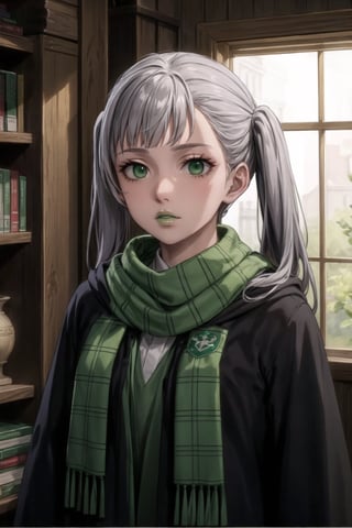 (best quality), (highly detailed), masterpiece, (official art),noelle_silva, twintails, bangs, silver hair , light green eyes, , hogrobe, (black robe,slytherin), green tie, hogscarf, magic, (green lips), (lips:1.2),expressionless, (best quality), (highly detailed), masterpiece, (official art), green eyes ,(empty eyes)