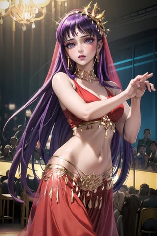 ((best quality)),  ((highly detailed)),  masterpiece,1girl, 1girl, ex, expressionless,  lips, makeup ,red lips, (dance pose:1.3), belly dance, belly dance clothes, ((red clothes)), provocative look, nightclub scene, neon lights, belly dance,(aroused), blush ,standing, ((makeup)), (earrings:1.2), blush,, looking at viewer, standing, slave, ballroom slave  market,(dutch angle), Saori, long hair, purple hair, (purple eyes),wearing belly dance dress,face_veil,jyojifuku, ((empty eyes))