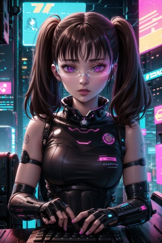 masterpiece,best quality,highres,ultra-detailed,diane, ((twintails)), purple eyes, brown hair, bangs,  ((hacker)), ,fishnets ,computer, monitor, wive, cable,(( cyberpunk)), indoors, neon nigth, ((Cyborg)), ((star wars)), chip, cyberpunk, collar, confident and curious gaze, futuristic cyberpunk hacker attire, high-tech bodysuit with glowing circuitry patterns, fingerless gloves and augmented reality glasses, underground hacker den, surrounded by screens displaying code and data, typing rapidly on a holographic keyboard, exuding intelligence and tech-savviness, cyberpunk and gritty atmosphere, dark color palette with neon highlights,((cyberpunk glasses)), 