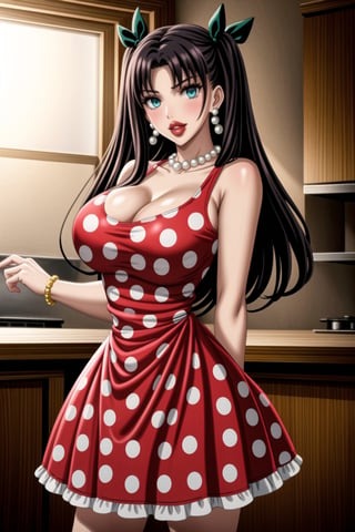 ((best quality)),  ((highly detailed)),  masterpiece,1girl, 1girl,  seductive smile, solo,   (Stepford),lips, makeup, lipstick,red lips, (pose),(polka dot:1.4), (polka dot dress:1.4),(pearl necklace:1.2), pearl bracelet, bare shoulders,(red dress:1.2),aroused, blush ,standing,  (large pearl necklace), (hoop earrings:1.2), looking at viewer, standing, cowboy shot, kitchen, cooking, indoors, house, windows, cortain, food,rin tohsaka, aqua eyes, black hair, hair ribbon, long hair, ribbon, sidelocks, two side up, (parted bangs:1.2),b1mb0,<lora:659111690174031528:1.0>