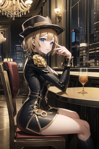 ((best quality)),  ((highly detailed)),  masterpiece,  ((official art)),  serena, 1girl, solo, orange hair, blue eyes, blonde hair, short hair, hat, red headwear,luxtech, gold, luxurious, cyberpunk, indoors, alcohol, bar \(place\), counter, table, stool, chandelier, sitting, from side, parted lips