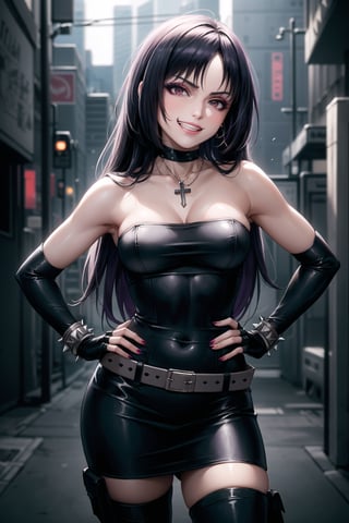 ((best quality)),  ((highly detailed)),  masterpiece,  ((official art)),  detailed face,  beautiful face,  (detailed eyes,  deep eyes),(science fiction, cyberpunk, street,dark background),((smirk, grin, naughty face, seductive smile, smug, arm behind head, hand_on_own_hip, head_tilt)),, ,cowboy shot,(lips), ,sumire kakei:1.2, long hair:1.2, purple hair,  (red eyes),  cross-laced clothes, (spiked bracelet), necklace, corset, bustier, hoop earring, curvaceous, voluptuous body, navel, (makeup:1.3) (lips:1.3), (latex), (black top), (black tube top:1.2), gloves, fingerless gloves, jacket, skirt, black choker, black leather jacket, (dark jacket), belt, pencil skirt, pantyhose, open jacket, miniskirt, (black skirt), black gloves, black legwear, black choker, medium breast, conspicuous elegance, snobby, upper class elitist, possesses an arroaant charm. her Dresence commands attention and enw, (intricately detailed, hyperdetailed), blurry background, depth of field, best quality, masterpiece, intricate details, tonemapping, sharp focus, hyper detailed, trending on Artstation, 1 girl, solo, high res, official art